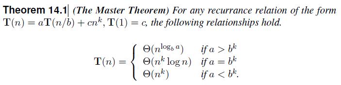 Theorem 14.1 (The Master Theorem) For any recurrance relation of the form T(n) = aT(n/b) + cnk, T(1) = c, the