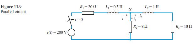 Figure 11.9 Parallel circuit e(t)=200 V R = 2002 t=0 L = 0.5 H X + L=1H R=802 R = 100