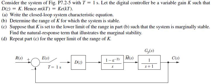 Consider the system of Fig. P7.2-5 with T = 1 s. Let the digital controller be a variable gain K such that