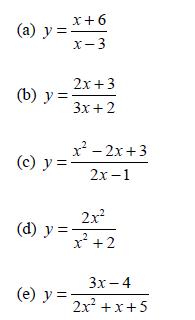 (a) y = (b) y = (d) y = x+6 x-3 (e) y = 2x+3 3x + 2 (c) y=- x - 2x+3 2x-1 2x x +2 3x-4 2x+x+5