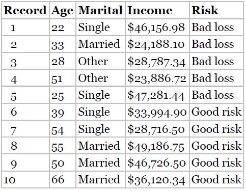 Record Age Marital Income 1 22 Single $46,156.98 2 Married $24,188.10 Bad loss 3 $28,787.34 Bad loss 4 51