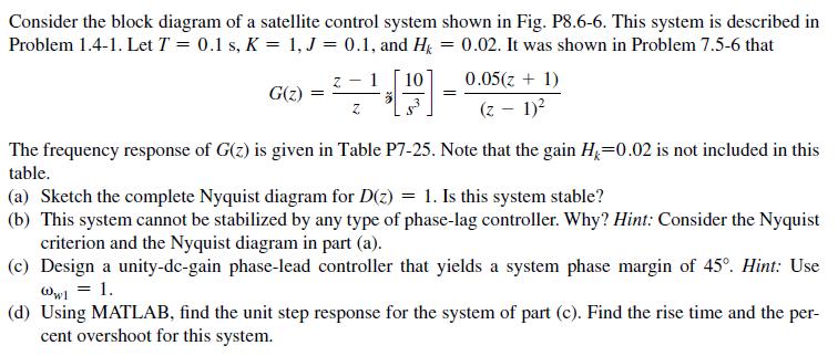 Consider the block diagram of a satellite control system shown in Fig. P8.6-6. This system is described in