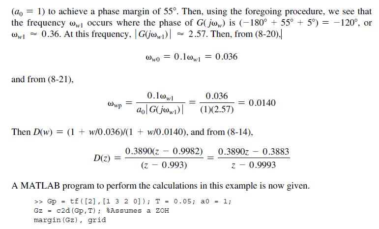 (ao 1) to achieve a phase margin of 55. Then, using the foregoing procedure, we see that the frequency w