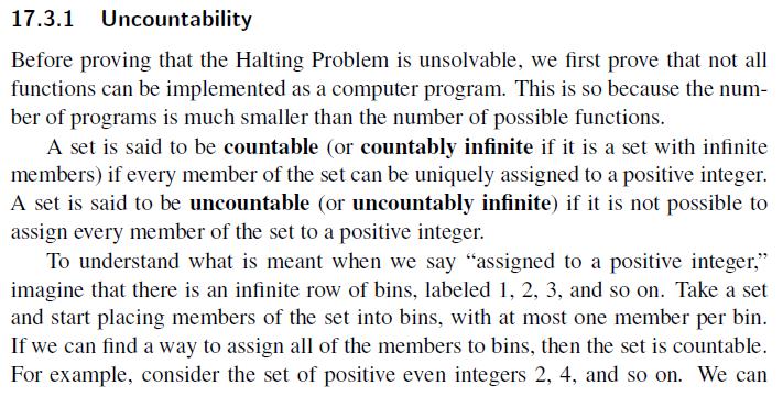 17.3.1 Uncountability Before proving that the Halting Problem is unsolvable, we first prove that not all