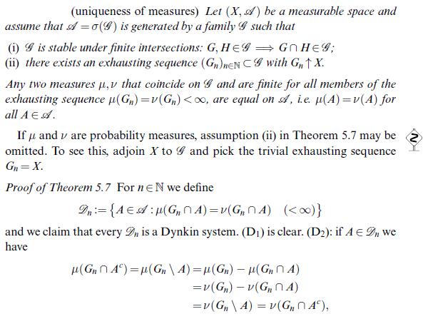 (uniqueness of measures) Let (X, A) be a measurable space and assume that A = o(9) is generated by a family