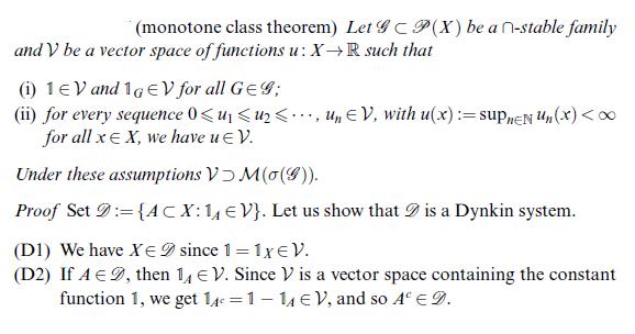 (monotone class theorem) Let GP(X) be an-stable family and V be a vector space of functions u: XR such that