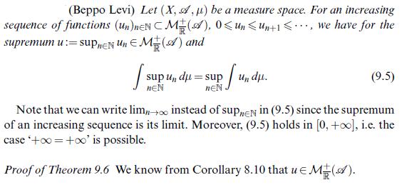 (Beppo Levi) Let (X, A, ) be a measure space. For an increasing sequence of functions (Un)neN CME(A), 0un <