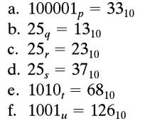 a. 100001, = 3310 b. 25 = 1310 c. 25, = 2310 d. 25, = 3710 e. 1010, 6810 f. 1001, = 12610