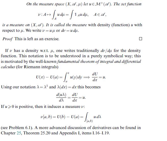 On the measure space (X, A,p) let us M(A). The set function + [ud = [1 Aud, AE A V: A+ is a measure on (X,