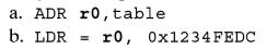 a. ADR r0, table b. LDR = r0, 0x1234 FEDC