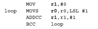 loop MOV MOVS ADDCC BCC rl, #0 ro, ro, LSL #1 rl, rl, #1 loop