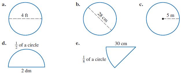 a. 4 ft d. of a circle 2 dm b. e. 100 28 cm of a circle 30 cm C. 5 m