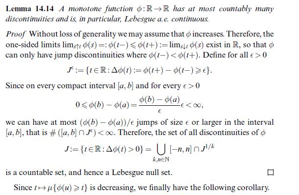 Lemma 14.14 A monotone function :R R has at most countably many discontinuities and is, in particular,