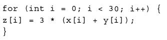 for (int i = 0; i < 30; i++) { z [i] = 3 * (x[i] + y[i]); }