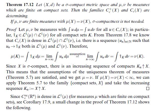 Theorem 17.12 Let (X, d) be a o-compact metric space and p, v be measures which are finite on compact sets.