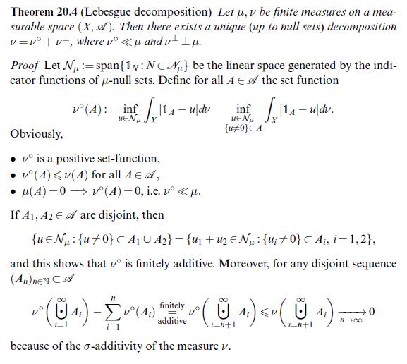 Theorem 20.4 (Lebesgue decomposition) Let u, v be finite measures on a mea- surable space (X, A). Then there