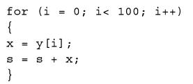 for (i = 0; i < 100; i++) { X = y [i]; S = S + X; }