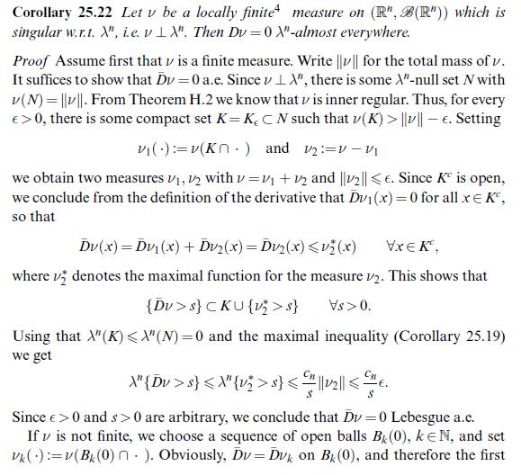 Corollary 25.22 Let v be a locally finite measure on (R", B(R")) which is singular w.r.t. X", i.e. vIX". Then