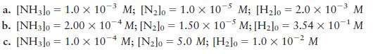 -3 a. [NH3]0= 1.0  10-3 M; [Nlo = 1.0 x 105 M; [Hlo = 2.0  10- M b. [NH3]0 = 2.00 x 10-4 M; [Nl0 = 1.50 x 105