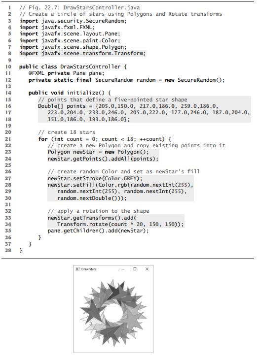 I // Fig. 22.7: DrawStarsController.java 2 // Create a circle of stars using Polygons and Rotate transforms 3