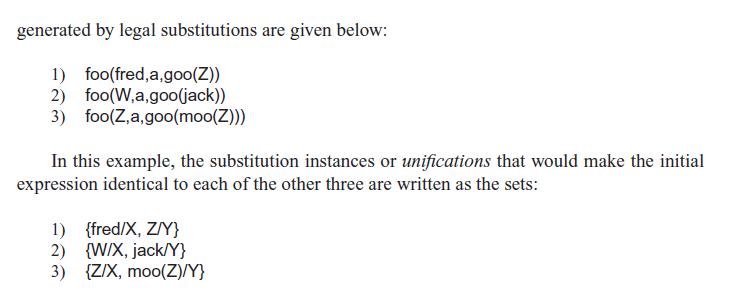 generated by legal substitutions are given below: 1) foo(fred,a,goo (Z)) 2) foo(W,a,goo(jack)) 3)