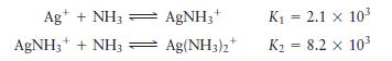 Ag+ + NH3 AgNH3 + AgNH3+ + NH3 = Ag(NH3)2+ K = 2.1 x 10 K = 8.2 x 10