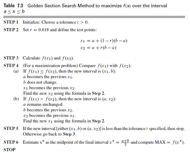 Table 7.3 Golden Section Search Method to maximize f(x) over the interval axb STEP 1 STEP 2 Initialize: