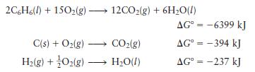 2C6H6(l) +150(g)  12CO(g) + 6HO(l) C(s) + O(g) H(g) + O2(g) -  CO(g) HO(l) AG = -6399 kJ AG = -394 kJ AG =