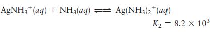 AgNH3+ (aq) + NH3(aq) Ag(NH3)2(aq) K = 8.2 x 10