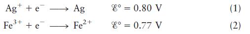 Ag + e Fe+ + e Ag Fe2+ 8 = 0.80 V 8 = 0.77 V (1) (2)