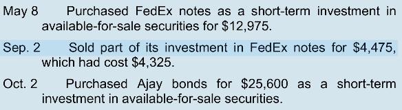 May 8 Purchased FedEx notes as a short-term investment in available-for-sale securities for $12,975. Sep. 2