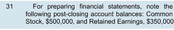 31 For preparing financial statements, note the following post-closing account balances: Common Stock,