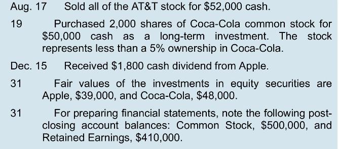 Aug. 17 19 Sold all of the AT&T stock for $52,000 cash. Purchased 2,000 shares of Coca-Cola common stock for
