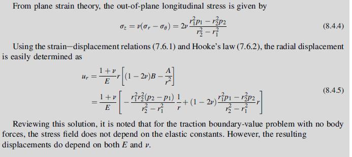From plane strain theory, the out-of-plane longitudinal stress is given by ripi - rp2 22-1 U = 0 = v(or -08)