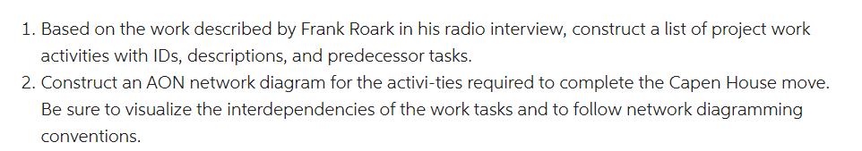 1. Based on the work described by Frank Roark in his radio interview, construct a list of project work