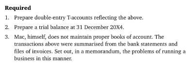 Required 1. Prepare double-entry T-accounts reflecting the above. 2. Prepare a trial balance at 31 December