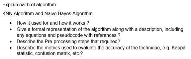 Explain each of algorithm KNN Algorithm and Naive Bayes Algorithm  How it used for and how it works?  Give a