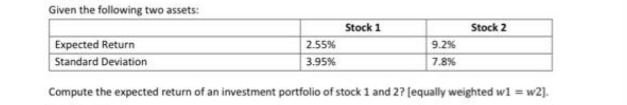 Given the following two assets: Expected Return Standard Deviation 2.55% 3.95% Stock 1 9.2% 7.8% Stock 2