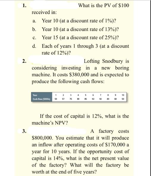 1. 2. 3. received in: a. Year 10 (at a discount rate of 1%)? b. Year 10 (at a discount rate of 13%)? Year 15