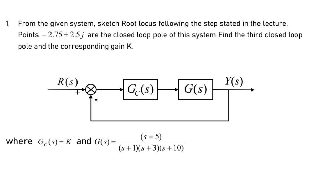 1. From the given system, sketch Root locus following the step stated in the lecture. Points -2.75 +2.5j are