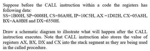 Suppose before the CALL instruction within a code the registers has following data: SS=1B00H, SP=0008H,