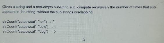 Given a string and a non-empty substring sub, compute recursively the number of times that sub appears in the