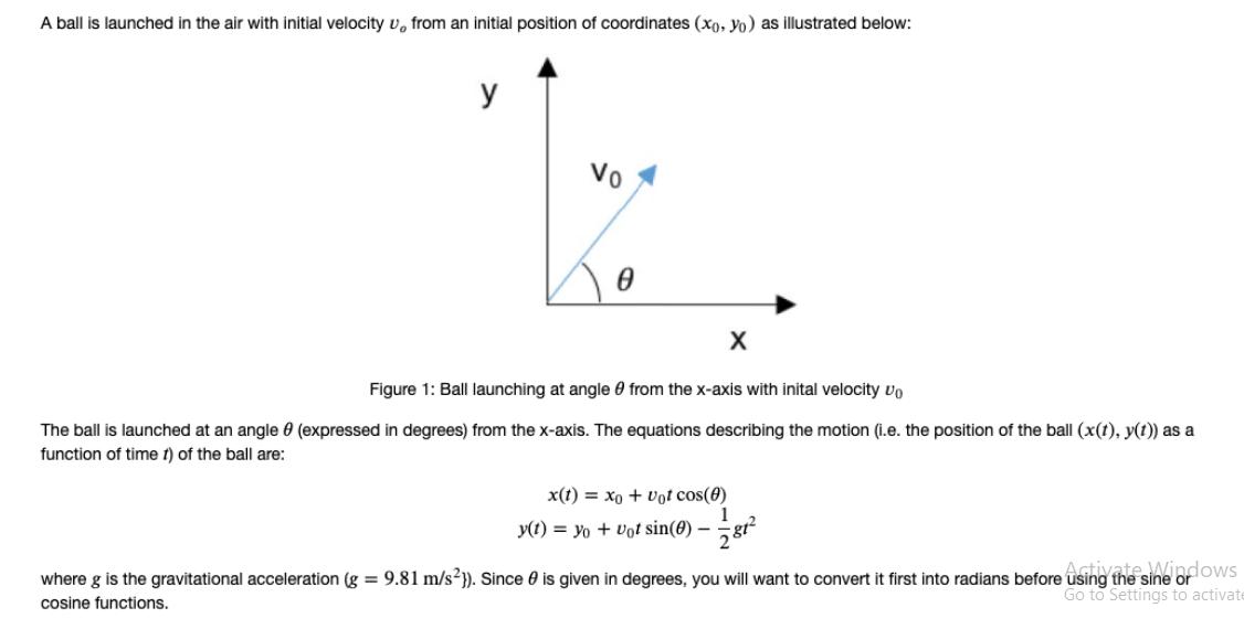 A ball is launched in the air with initial velocity u, from an initial position of coordinates (xo, yo) as