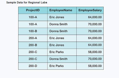 Sample Data for Regional Labs ProjectID 100-A 100-A 100-B 200-A 200-B 200-C 200-C 200-D EmployeeName Eric