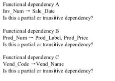 Functional dependency A Inv_Num Sale Date Is this a partial or transitive dependency? Functional dependency B