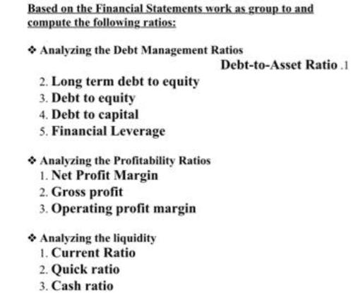 Based on the Financial Statements work as group to and compute the following ratios: > Analyzing the Debt