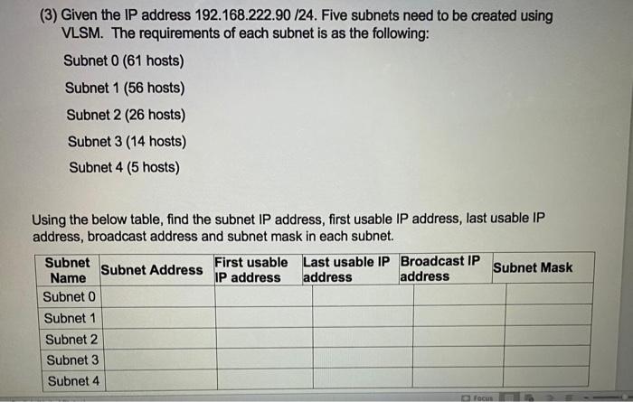 (3) Given the IP address 192.168.222.90 /24. Five subnets need to be created using VLSM. The requirements of