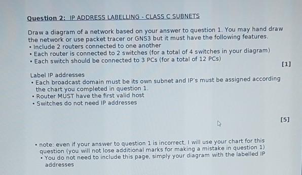 Question 2: IP ADDRESS LABELLING-CLASS C SUBNETS Draw a diagram of a network based on your answer to question