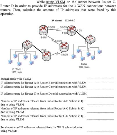 while using VLSM on the subnet between Router C- Router D in order to provide IP addresses for the 3 WAN
