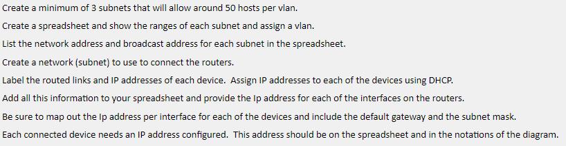 Create a minimum of 3 subnets that will allow around 50 hosts per vlan. Create a spreadsheet and show the